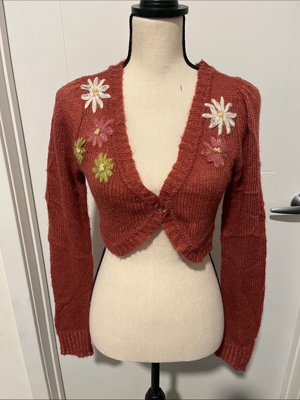 Lush Embroidered Floral Cropped Metallic Cardigan Sweater Bohemian Feminine